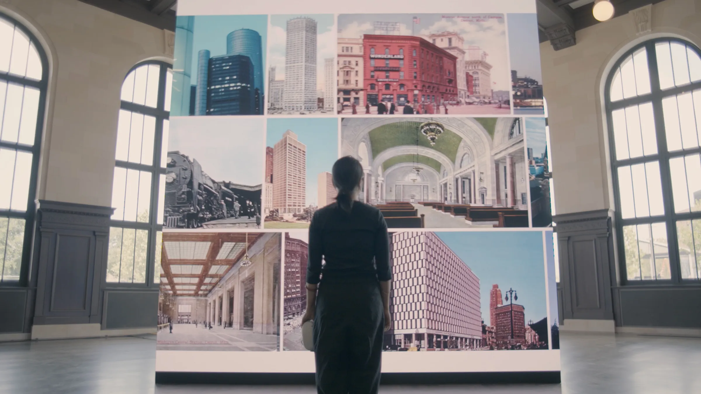 Michigan Central OPEN — archival photo wall of the station's history